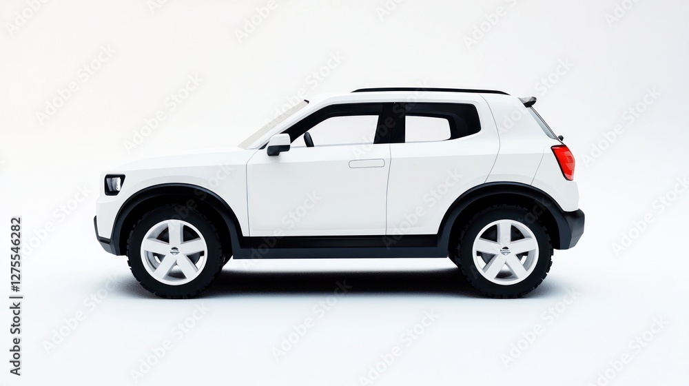A 3D illustration of a compact white SUV, perfectly rendered and isolated on a white background. A 3D illustration of a compact white SUV, perfectly rendered and isolated on a white background.
