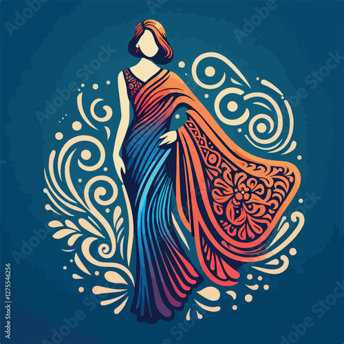 Fashion saree logo design with women figure template or clothing logo design illustration, Generative Ai.

