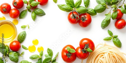 Border of Italian food ingredients frame with pizza, pasta, tomatoes, basil, olive oil on white background, ingredients, white background