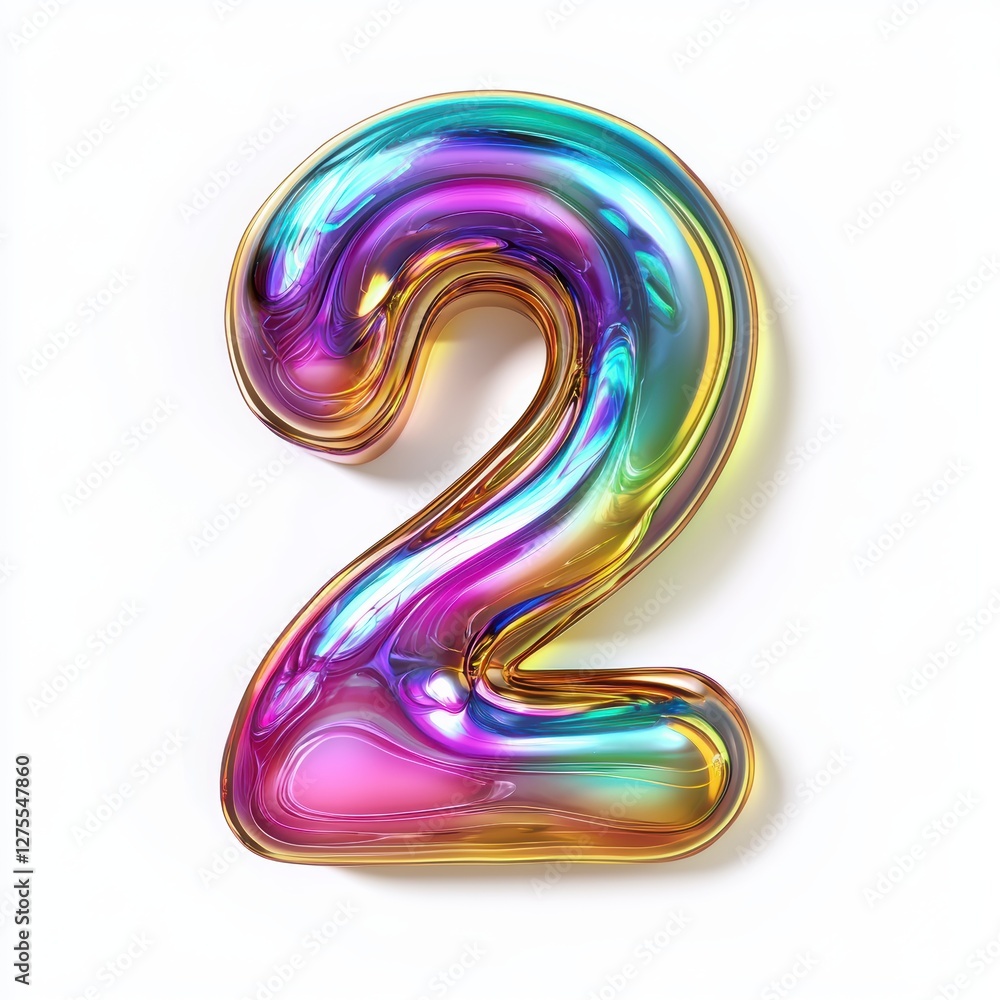 Number 2 made of swirling iridescent oil slick with rainbow reflections isolated on a clean white background Number 2 made of swirling iridescent oil slick with rainbow reflections isolated on a clean white background