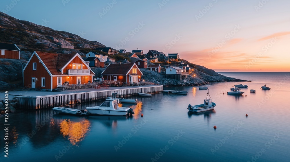 Charming coastal village at twilight with boats reflecting on calm waters in distant horizon. Generative AI Charming coastal village at twilight with boats reflecting on calm waters in distant horizon. Generative AI