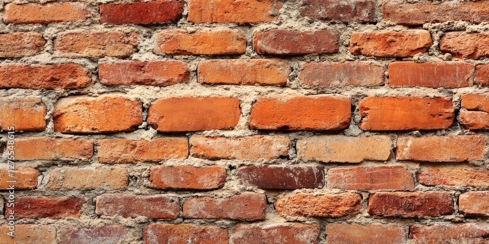 Fototapeta premium Textured red and orange brick wall with irregular patterns and weathered mortar showcasing a rustic and vintage appearance.