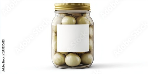 Clear glass jar filled with pickled white onions with a blank label against a pure white background featuring a golden lid and rounded shape