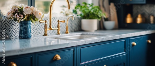 Kitchen marble countertop, gold faucet, blue cabinets