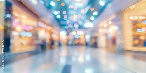 Softly blurred shopping mall interior with vibrant bokeh lights in warm tones  featuring shops on either side and a clean tiled floor.