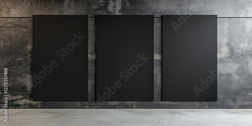 Wallpaper Mural Three blank black poster canvases mounted on a textured concrete wall in a dimly lit room, perfect for design mock-ups and presentations. Torontodigital.ca