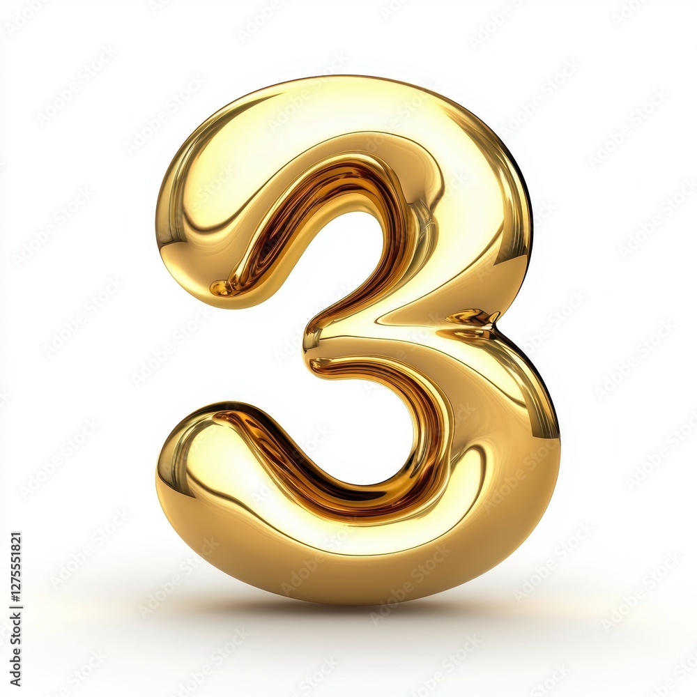 Number 3 made of polished gold with smooth reflections isolated on a clean white background