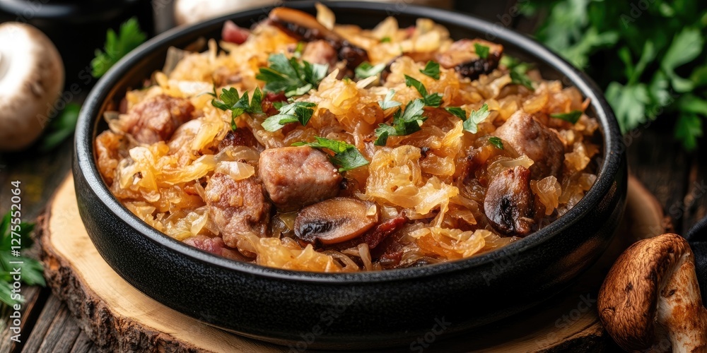 Delicious bigos stew in a black bowl with pieces of meat, mushrooms, and cabbage garnished with fresh parsley on a wooden table background. Delicious bigos stew in a black bowl with pieces of meat, mushrooms, and cabbage garnished with fresh parsley on a wooden table background.