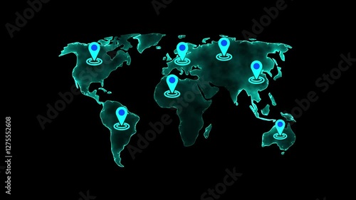 neon glowing world map animation with location pointers. GPS location services motion graphics. location markers indicating world maps 4k video footage.