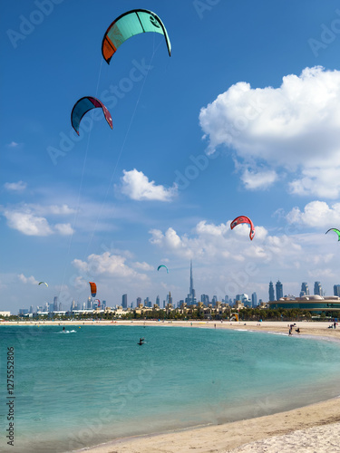 Canvas Print Dubai beach with kites and Burj Khalifa