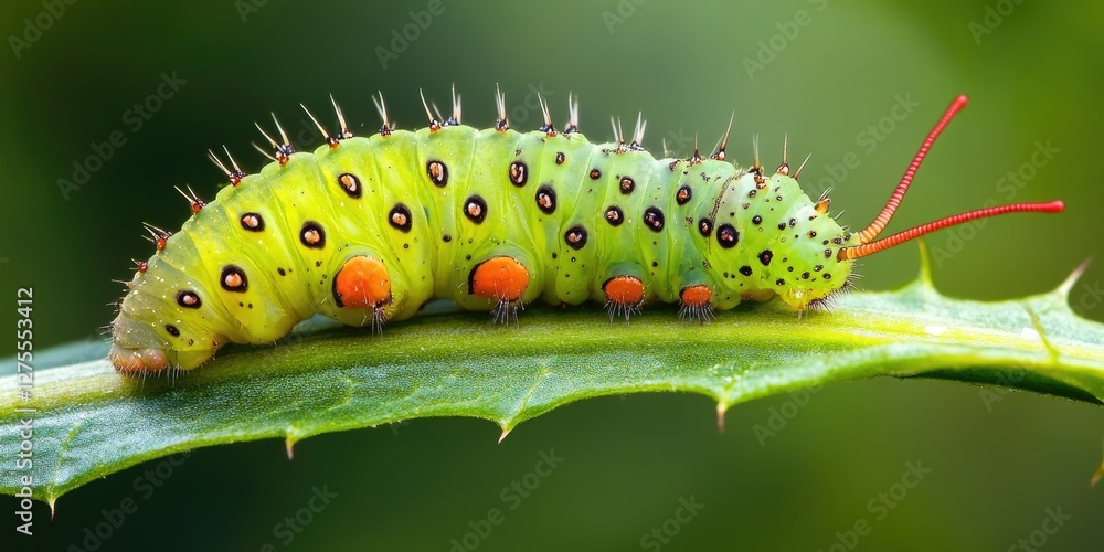 Vibrant green caterpillar with orange spots and red antennae resting on a sharp leaf with blurred green background and focused details of the insect. Vibrant green caterpillar with orange spots and red antennae resting on a sharp leaf with blurred green background and focused details of the insect.