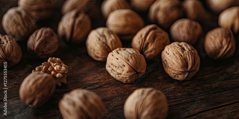Walnuts scattered on a rustic wooden table with a focus on a split walnut revealing its light brown kernel, creating an earthy ambiance. Walnuts scattered on a rustic wooden table with a focus on a split walnut revealing its light brown kernel, creating an earthy ambiance.