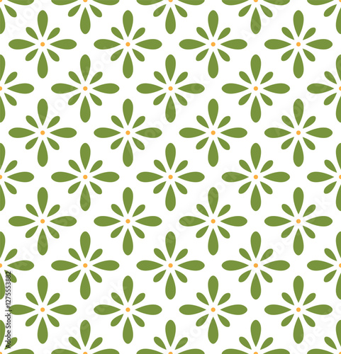 Vector minimalist seamless pattern featuring stylized green floral shapes with small orange centers, off-white background.