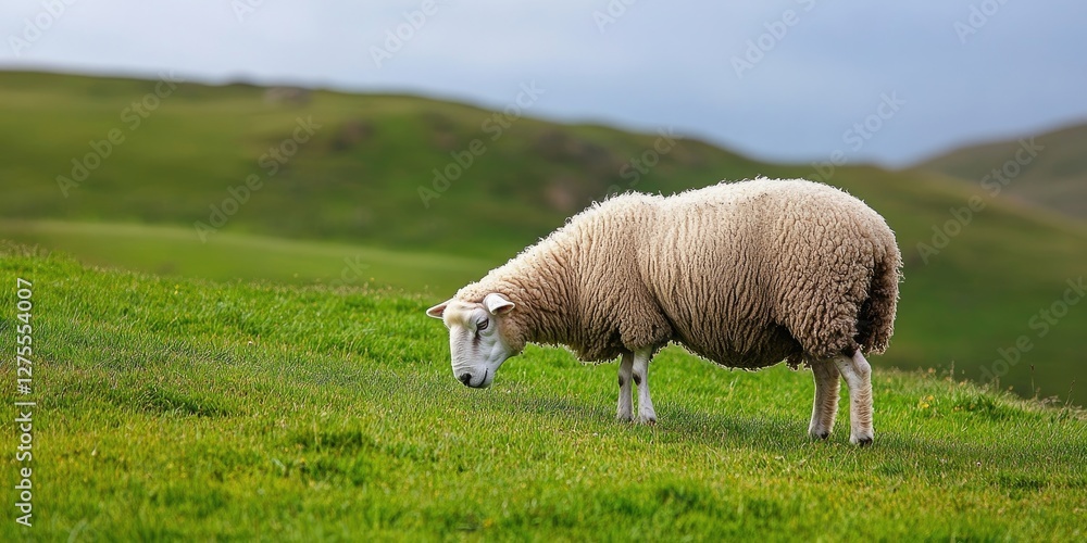 Serene sheep grazing on lush green hillside under soft blue sky with gentle gray clouds in background, showcasing natural rural landscape tranquility Serene sheep grazing on lush green hillside under soft blue sky with gentle gray clouds in background, showcasing natural rural landscape tranquility