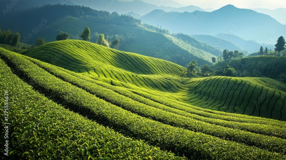 Verdant Slopes Embracing Tea Fields in Mountain Landscape Verdant Slopes Embracing Tea Fields in Mountain Landscape