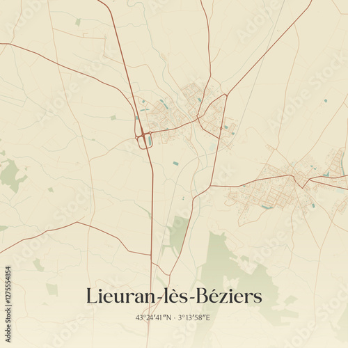 Vintage map of Lieuran-lès-Béziers, France.