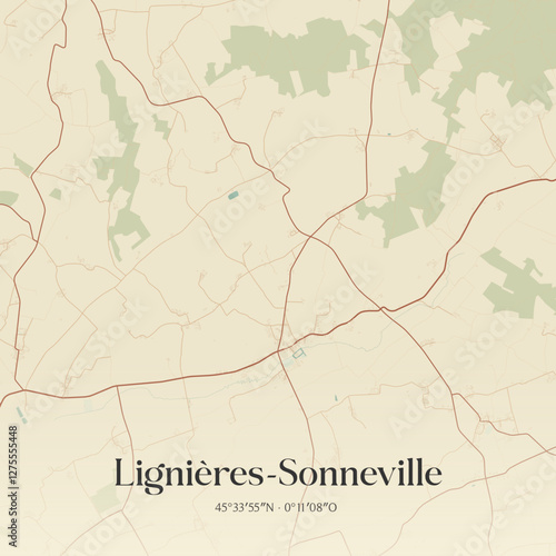 Vintage map of Lignières-Sonneville, France.