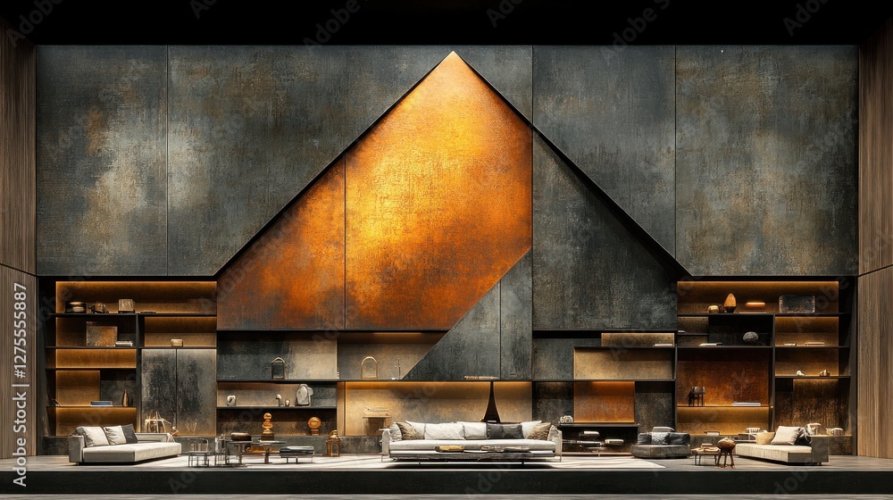 Fototapeta premium Modern living room, metallic wall, stage set, interior design