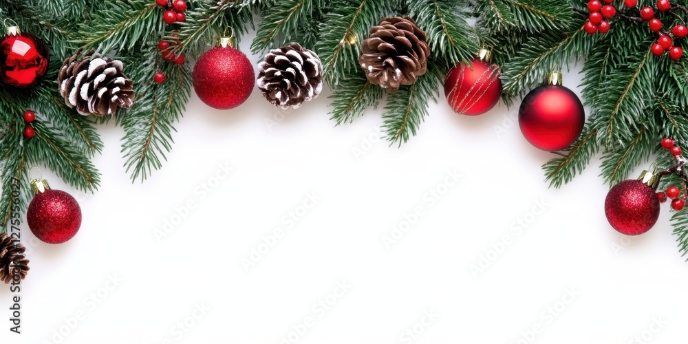 Christmas themed green pine branches adorned with red ornaments and pine cones on a white background creating a festive border layout. Christmas themed green pine branches adorned with red ornaments and pine cones on a white background creating a festive border layout.