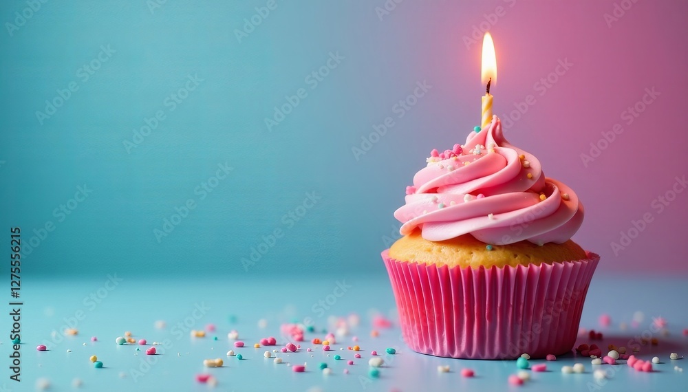 Bright pink birthday cupcake with lit candle and sprinkles, treat, cupcake Bright pink birthday cupcake with lit candle and sprinkles, treat, cupcake