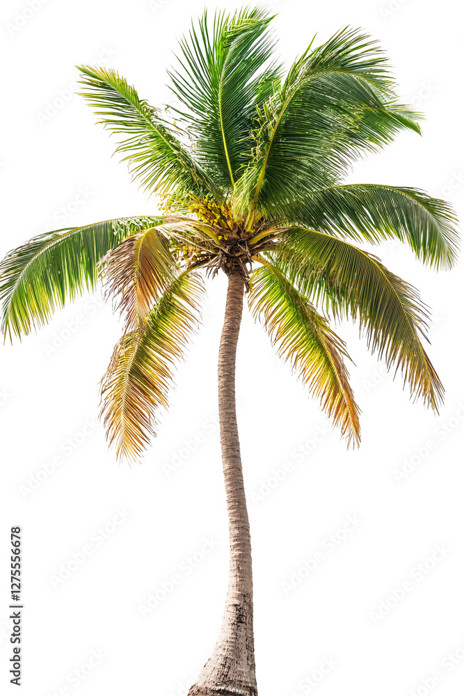 Fototapeta premium Tall coconut palm tree with green leaves isolated on transparent background.