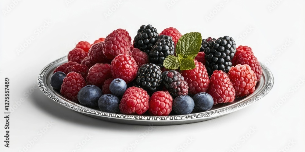 A vibrant assortment of fresh berries including raspberries, blackberries, and blueberries arranged on a silver tray with a mint leaf garnish. A vibrant assortment of fresh berries including raspberries, blackberries, and blueberries arranged on a silver tray with a mint leaf garnish.