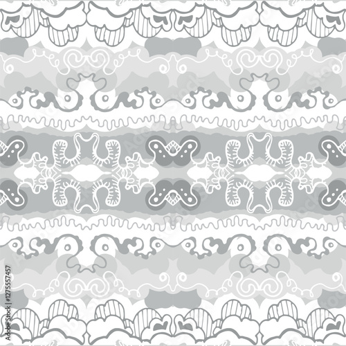 grey and white abstract hand-drawn doodle pattern, waves or curls background. Seamless pattern for design wallpapers