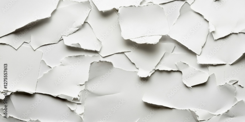 Torn white paper background with varying textures and shapes featuring memo sheets and sticky notes scattered asymmetrically across the surface.