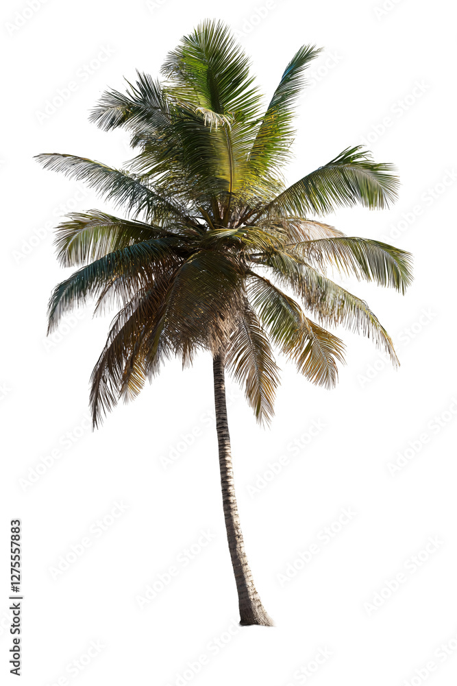 Obraz premium Tall coconut palm tree with green leaves isolated on transparent background.
