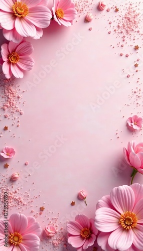 Soft pink marbled background with delicate flowers and glitter accents, soft, shiny, feminine