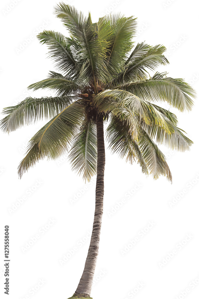 Fototapeta premium Tall coconut palm tree with green leaves isolated on transparent background.