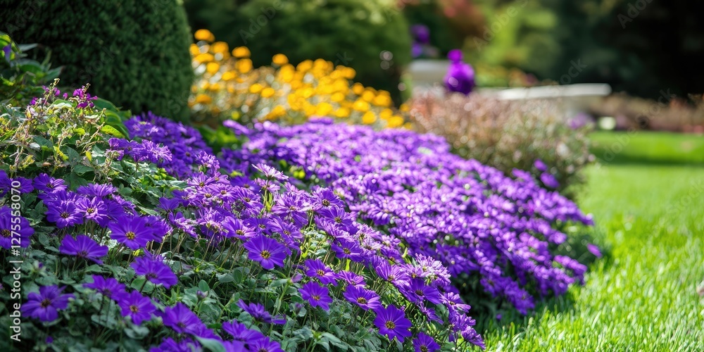 Obraz premium Vibrant garden scene featuring lush purple flowers in full bloom with sunny rays highlighting their beauty alongside yellow blooms and green grass