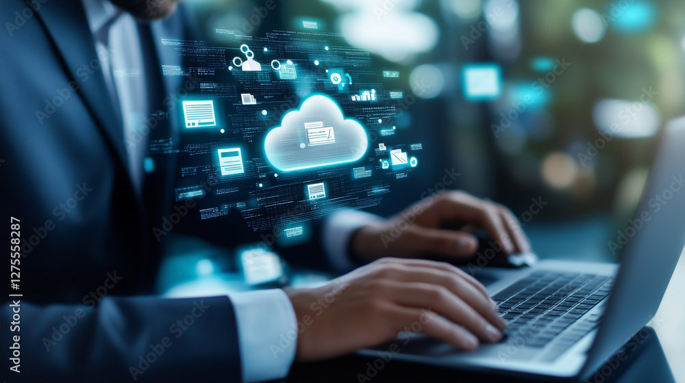 A businessman using a computer to manage digital documents in a cloud-based system. Holographic file icons, secure data storage, and an intuitive user interface represent modern on A businessman using a computer to manage digital documents in a cloud-based system. Holographic file icons, secure data storage, and an intuitive user interface represent modern on