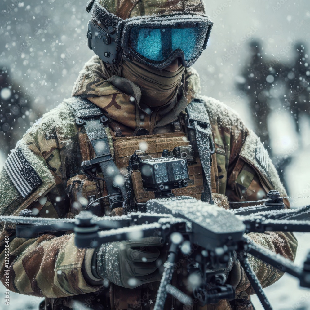 A soldier clad in camouflaged winter gear stands focused, holding a drone in a snowy environment. Snowflakes fall around as other personnel engage in nearby activities A soldier clad in camouflaged winter gear stands focused, holding a drone in a snowy environment. Snowflakes fall around as other personnel engage in nearby activities