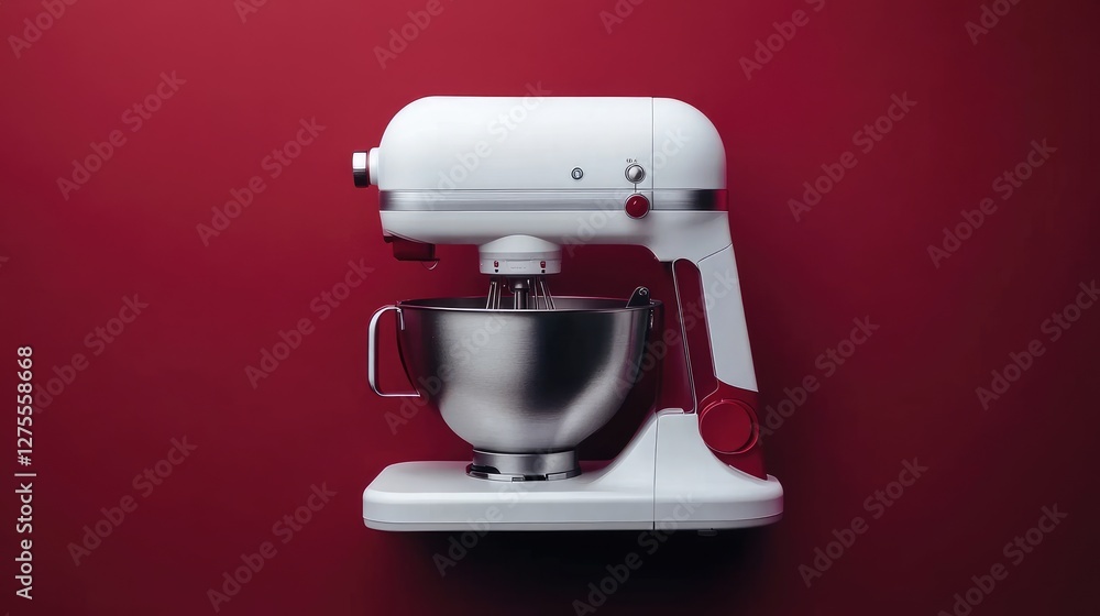 Modern food mixer with detachable beaters, clean and stylish on a deep maroon background, top view. Modern food mixer with detachable beaters, clean and stylish on a deep maroon background, top view.