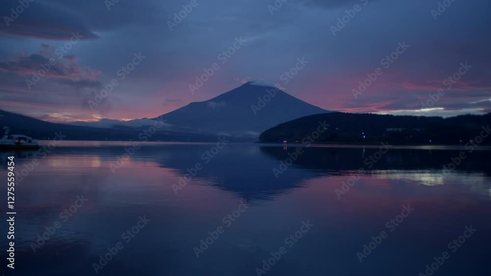 Mount Fuji at Sunset Over Yamanakako Reflections – Captivating golden hour fading into twilight over Yamanakako Lake with Mount Fuji in view Mount Fuji at Sunset Over Yamanakako Reflections – Captivating golden hour fading into twilight over Yamanakako Lake with Mount Fuji in view