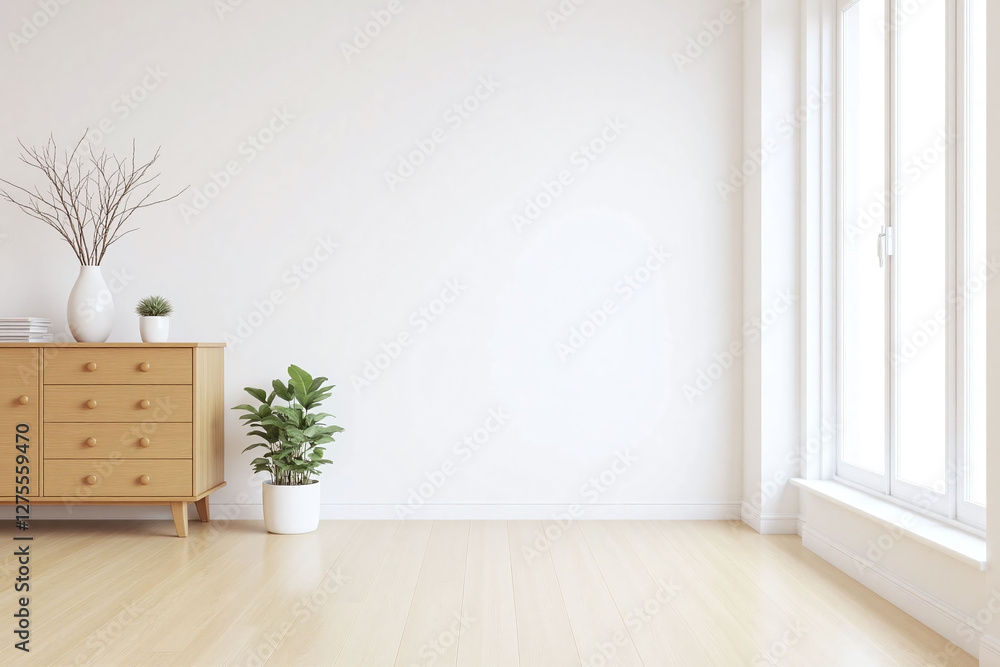 Empty room white walls wooden floor sideboard potted plants Empty room white walls wooden floor sideboard potted plants