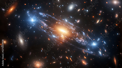 Expansive cosmic scene showcasing deep blues and purples