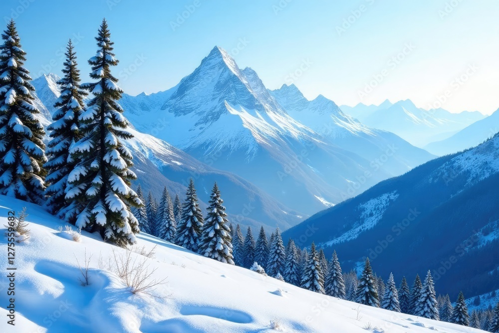 Fototapeta premium mountainside covered with snow and pine trees, mountains, nature