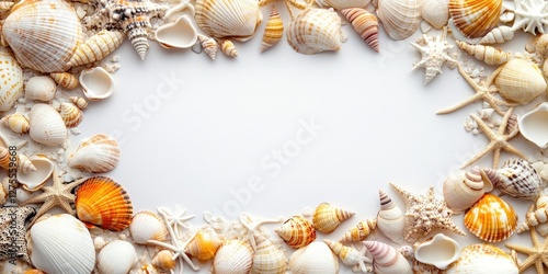 Decorative summer beach shells in various shades of cream and orange forming a vibrant border around a blank white space for textual input.