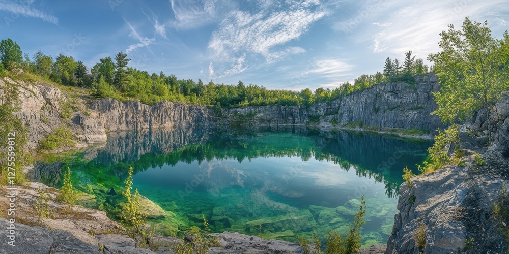 Fototapeta premium Emerald green quarry lake surrounded by gray rocky cliffs under a blue sky with white clouds, showcasing lush green trees on the shoreline