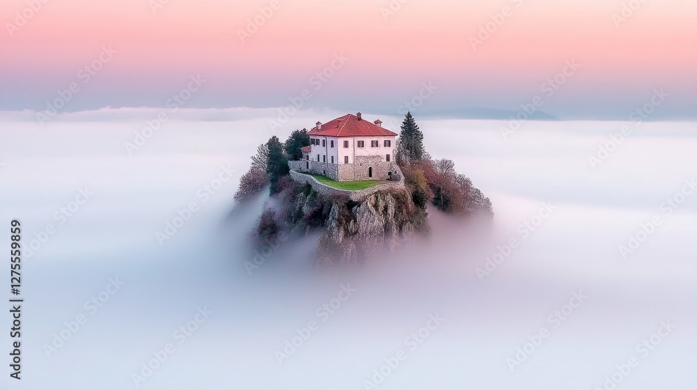 Castle in the Clouds: An enchanting castle perched majestically atop a rocky outcrop, enveloped in a sea of ethereal clouds, and basking in the soft hues of a twilight sky. Castle in the Clouds: An enchanting castle perched majestically atop a rocky outcrop, enveloped in a sea of ethereal clouds, and basking in the soft hues of a twilight sky.