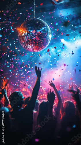 Vibrant party atmosphere with colorful lights and confetti flying. Generative AI