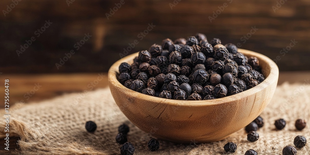 Bowl of whole black peppercorns on rustic burlap with a dark wooden background featuring scattered peppercorns and natural earthy tones. Bowl of whole black peppercorns on rustic burlap with a dark wooden background featuring scattered peppercorns and natural earthy tones.
