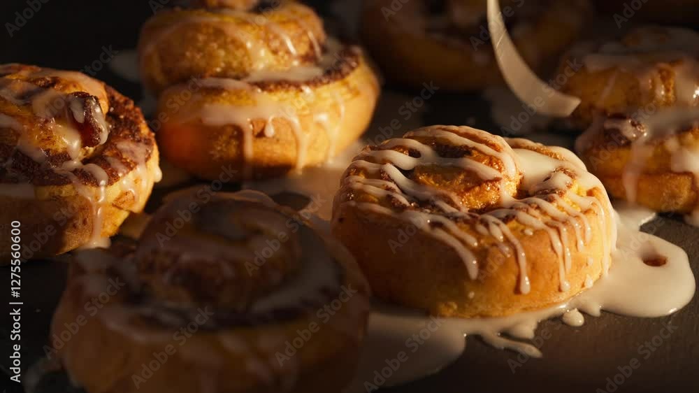 Drizzling Icing On Top Of Cinnamon Rolls. - closeup shot Drizzling Icing On Top Of Cinnamon Rolls. - closeup shot