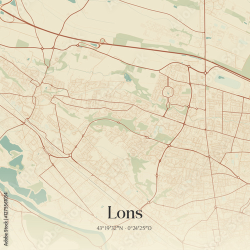Vintage map of Lons, France.
