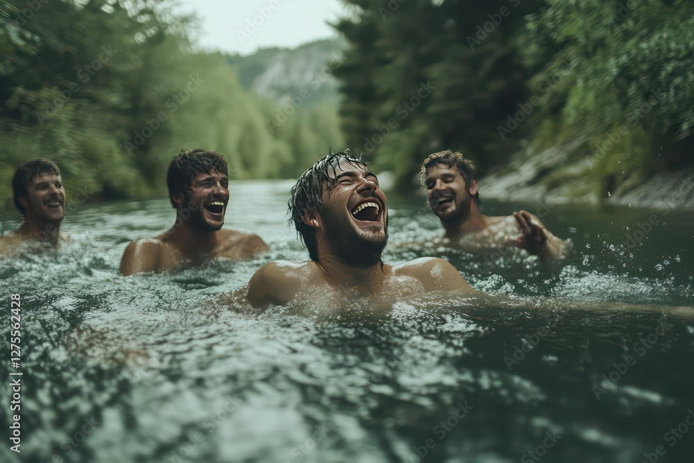 Several men swimming together in a river, surrounded by green landscapes, laughing and having fun as they enjoy the cool water. Several men swimming together in a river, surrounded by green landscapes, laughing and having fun as they enjoy the cool water.