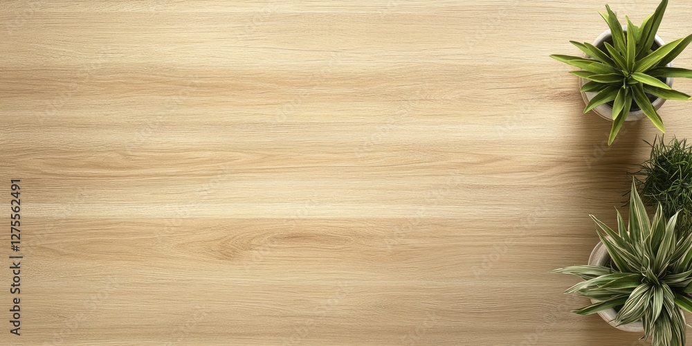 Light beige wooden planks arranged horizontally with two potted green plants in the top right corner creating a natural tabletop backdrop. Light beige wooden planks arranged horizontally with two potted green plants in the top right corner creating a natural tabletop backdrop.