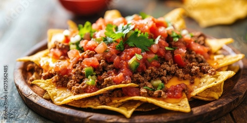 Wallpaper Mural Delicious nachos arranged on a wooden plate featuring yellow tortilla chips topped with ground meat zesty salsa fresh tomatoes and green peppers garnished with cilantro Torontodigital.ca