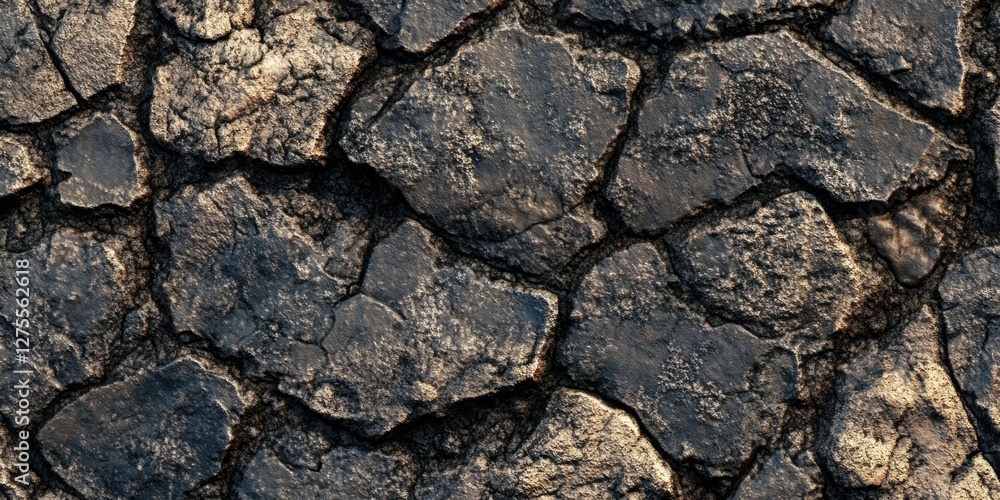 Close-up of cracked stone pavement texture showcasing dark grey and brown tones with irregular shapes prominently positioned across the surface. Close-up of cracked stone pavement texture showcasing dark grey and brown tones with irregular shapes prominently positioned across the surface.
